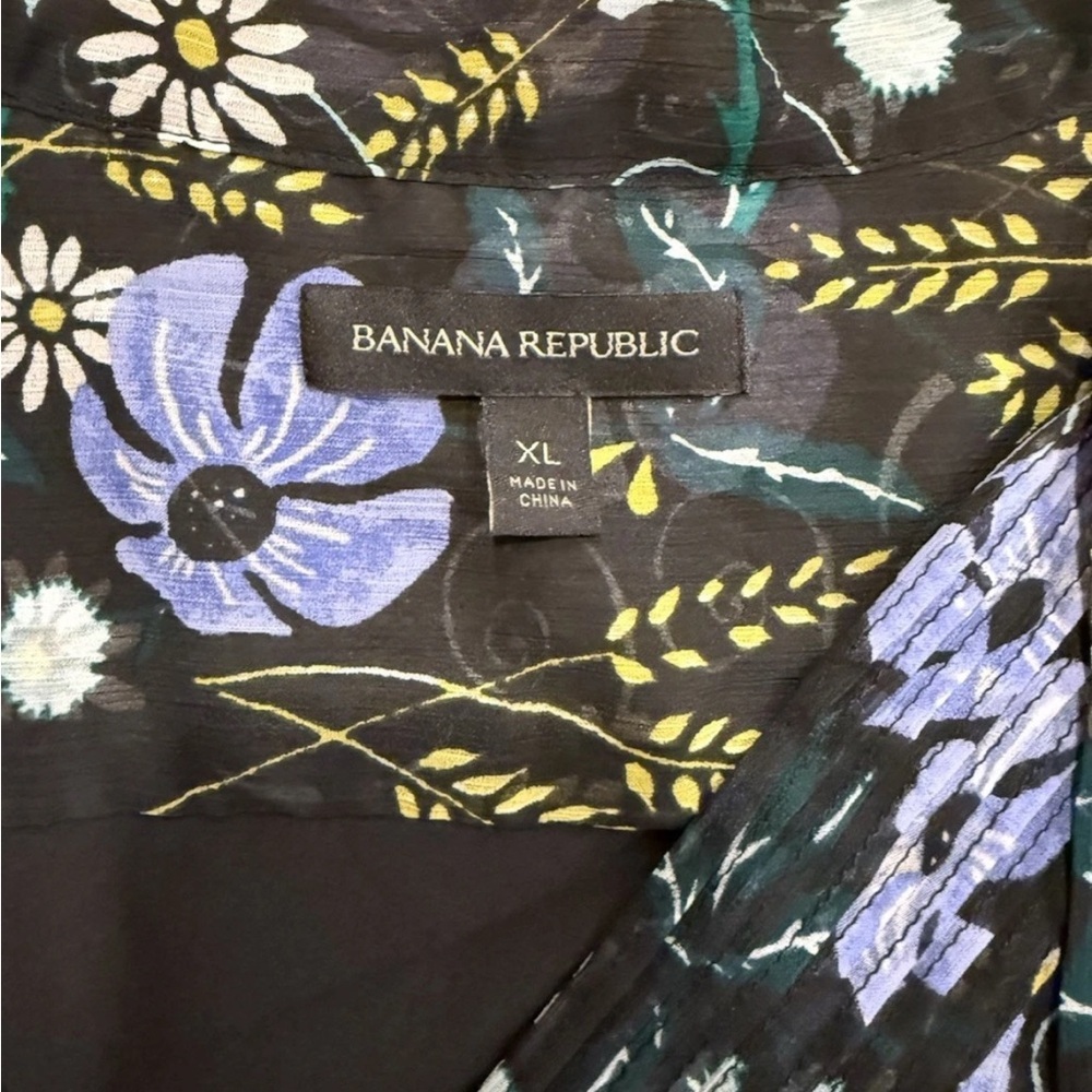 Banana Republic Floral Chiffon Midi Dress Long Sleeve Lined Black Blue XL - Picture 6 of 7